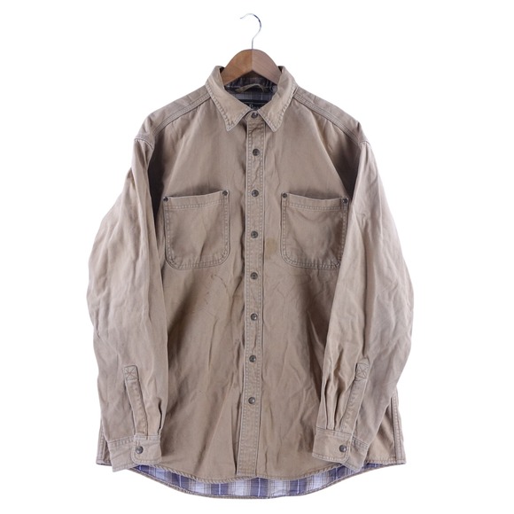 L.L. Bean Other - LL Bean Mens Large Flannel Lined Canvas Field Shirt Tan Plaid Snap‎ Front